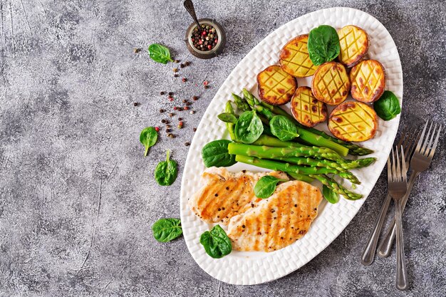 Kipfilet gekookt op een grill met een garnering van asperges en gebakken aardappelen.