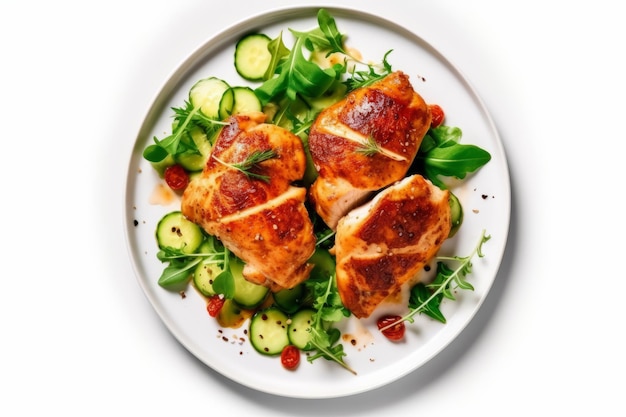 Kipfilet met salade Gezonde voeding keto dieet dieet lunch concept Bovenaanzicht op witte achtergrond