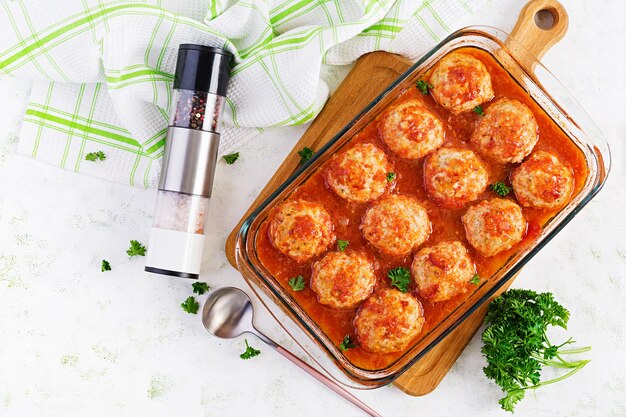 Kipgehaktballetjes in paprika en tomatensaus. Kalkoen gehaktballen. Bovenaanzicht
