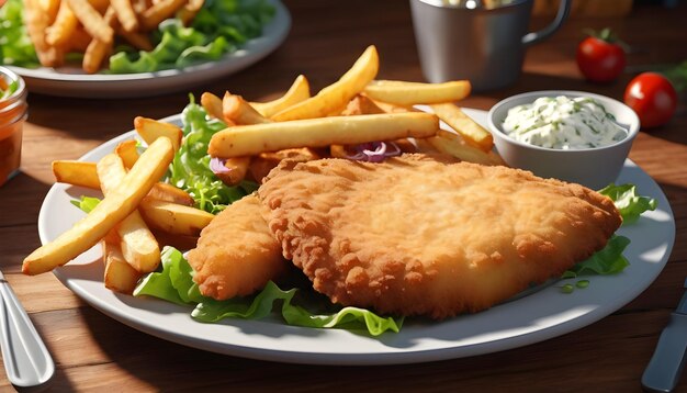 Kipmeel, schnitzel, gebakken aardappelen en salade op een bord.