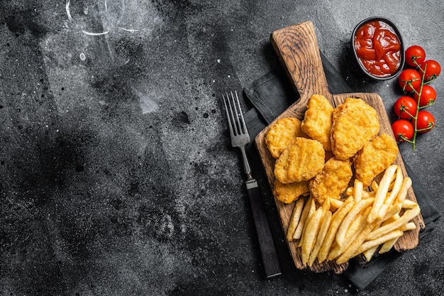 Kipnuggets met ketchup en frietjes op een houten bord Zwarte achtergrond Bovenaanzicht Kopieer de ruimte