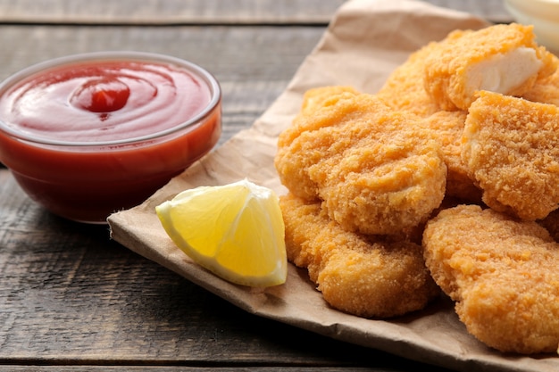 Kipnuggets met rode ketchupsaus op een bruin houten tafel fastfood