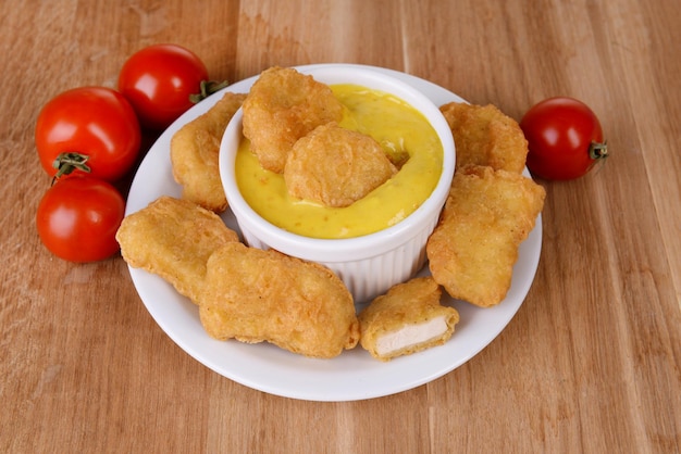 Kipnuggets met saus op tafel close-up