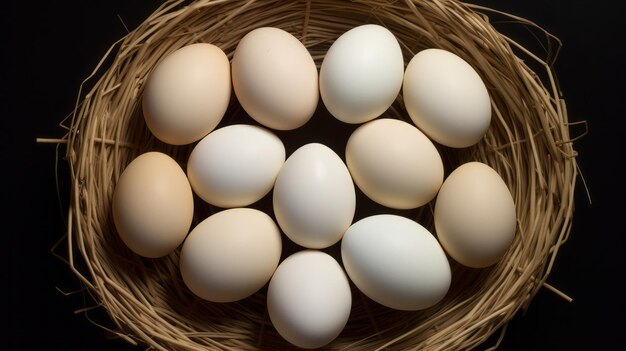 Kippen eieren in een natuurlijke vlechtplaat die lijkt op een nest Uitzicht van boven