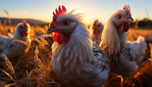 Kippen lopen vrij rond en zonnebaden op de boerderij, gegenereerd door kunstmatige intelligentie