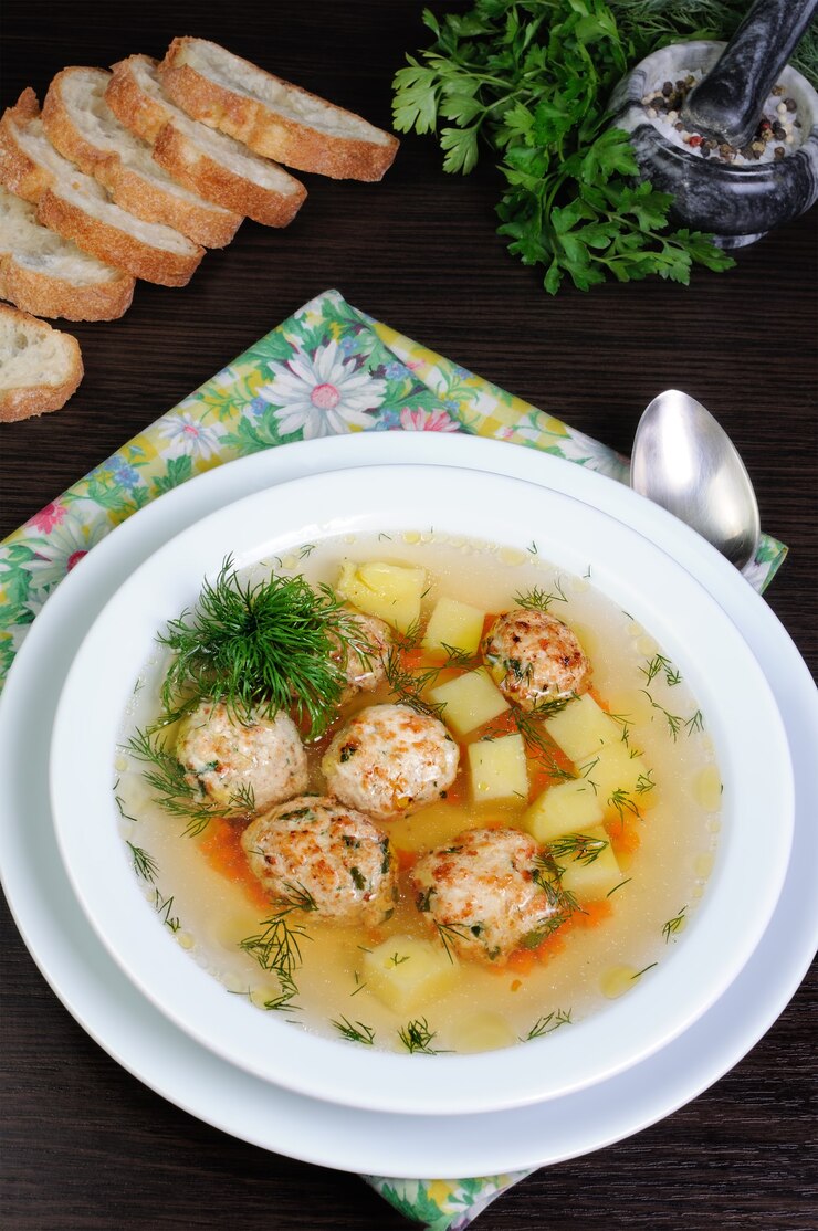 Kippenbouillon van aardappelen, wortelen en gehaktballen bestrooid met dille