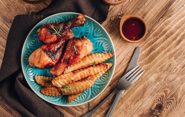 Kippenboutjes met frietjes op blauw bord op rustieke houten tafel met bruin servet Bovenaanzicht