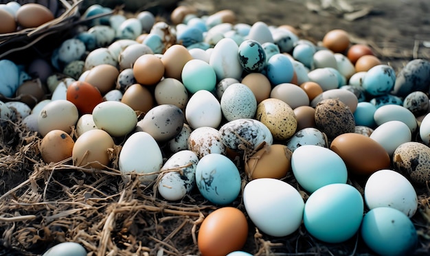 Kippeneieren van diverse kleuren en vlekken Eieren op de grond in de droge takken op de boerderij Close up Generative AI