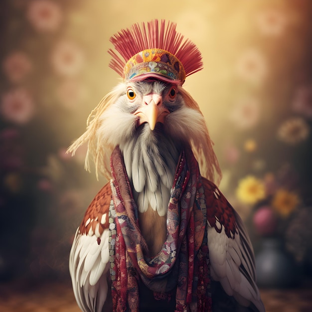 kippenkip in boho bohemian middeleeuwse hippie-outfit met surrealistische kralen