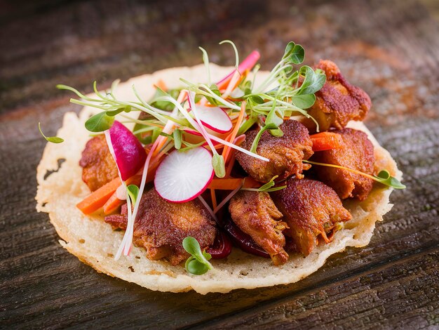 Kippenlever pannekoekjes met groenten op houten achtergrond Gebakken kiplever fritters idee Rustic stijl