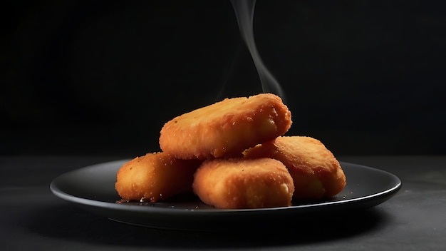 Kippennuggets in een bord op een zwarte achtergrond naast rook