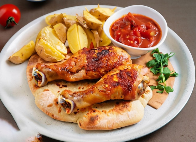 Kippenpootjes geserveerd op platte brood een bord aardappelen en tomatensaus