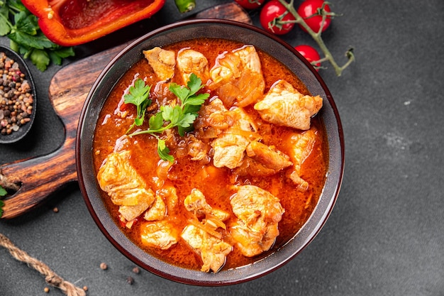 kippenvlees tomatensaus groente Chashushuli maaltijd eten snack op tafel kopie ruimte voedsel