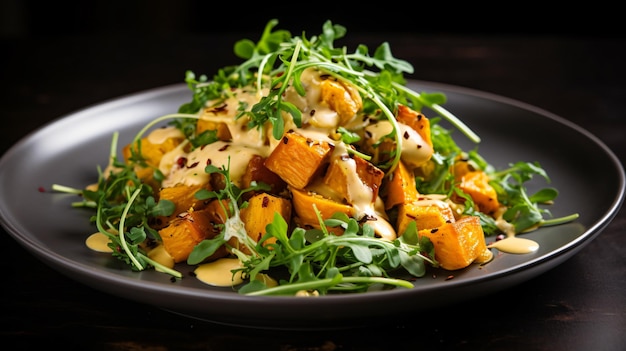 Kippsalade met pompoen en arugula in het zwart