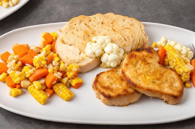 Kipsteak met brood, wortels, bloemkool, rapen en maïs op een zwart bord.