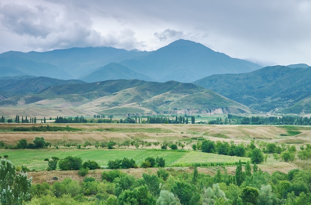 Kirghizia villages, Awesome scenic view, Tien Shan, Bishkek - Osh highway, Kyrgyzstan, Central Asia