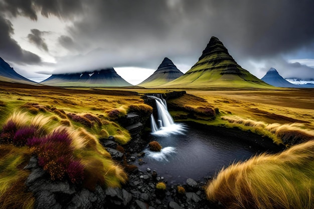 Foto cascata di kirkjufell kirkjufellsfoss in islanda
