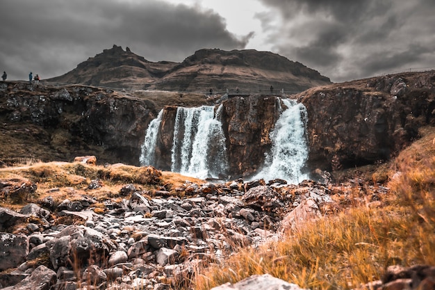 Kirkjufell waterfalls from below. Iceland