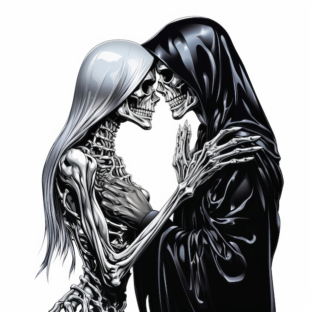 Kiss of Dark Eternity A Black Chrome 90s Cartoon Art style HD Shiny Grim Reaper and Skeleton Love