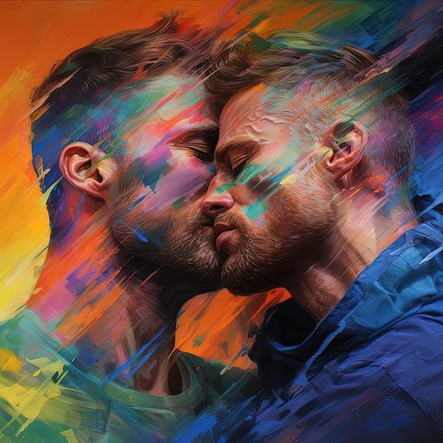 kissing men in rainbow in the style of hyperrealistic details