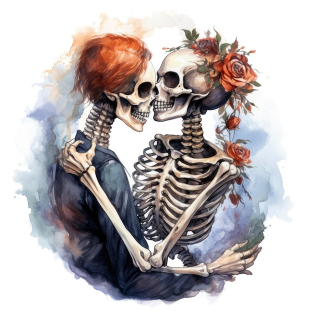 Kissing Skeleton Couple Waterverf Png Witte achtergrond