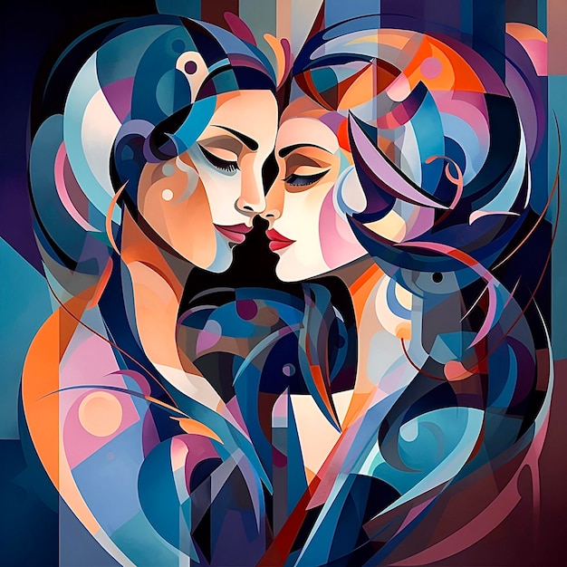 Photo kissing women in abstract style colourful illustration