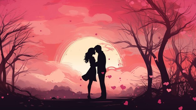 Photo kissing young couple during valentines day cartoon style