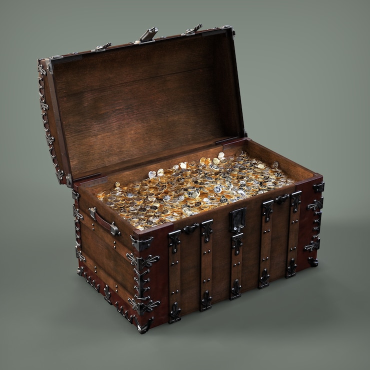 Foto kist met gouden munten. 3d illustratie