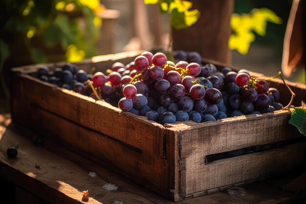 Kist met rijpe druiven op de achtergrond van de natuur Landbouw en oogst concept van rijpe wijnstokken op de achtergrund van de natuur Ai gegenereerd