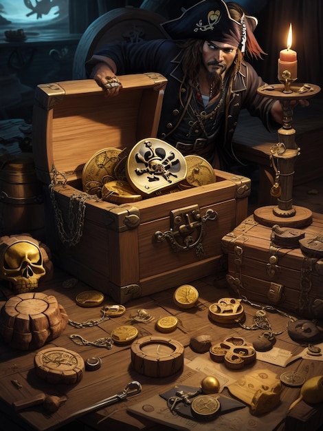Foto kist vol gouden schedel en botten 3d-illustratie