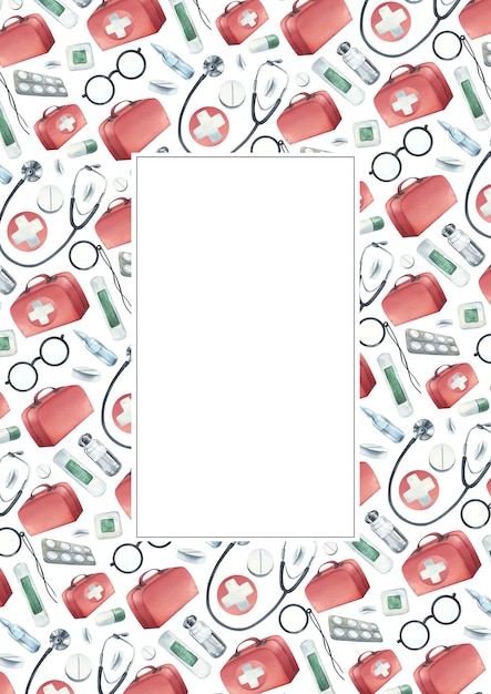 A kit of medical equipment with a red first aid bag Watercolor illustration drawn by hand Vertical template a frame on a white background