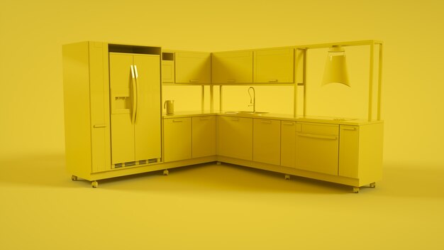 Interno della cucina 3d su colore giallo. rendering 3d.