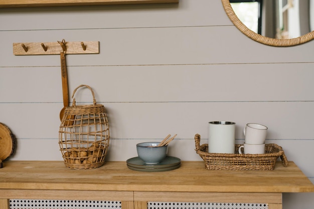 Kitchen accessories and decor in a Scandinavianstyle wooden kitchen