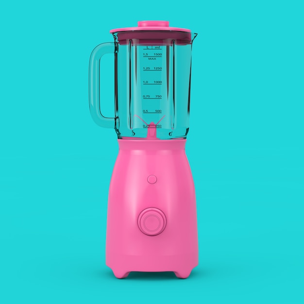 Concetto di elettrodomestico da cucina. moderno frullatore rosa elettrico mock up in stile bicolore su sfondo blu. rendering 3d