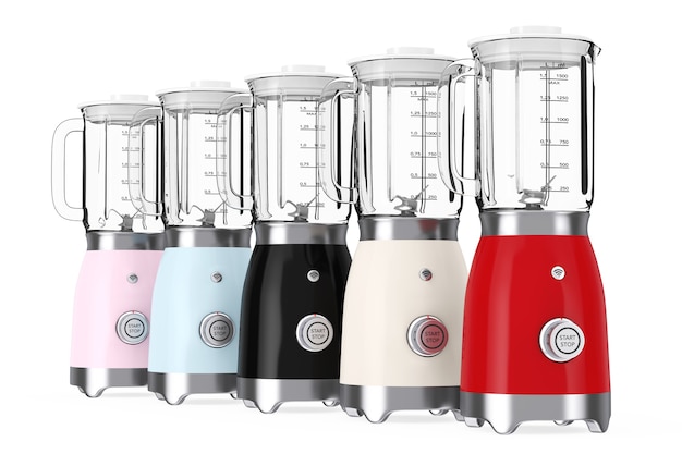 Photo kitchen appliance concept. modern multicolour electric blenders on a white background. 3d rendering.