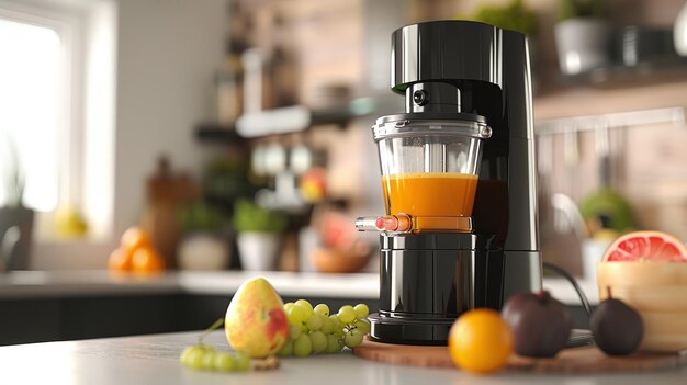 Kitchen appliance Modern juicer with assorted fruits on table