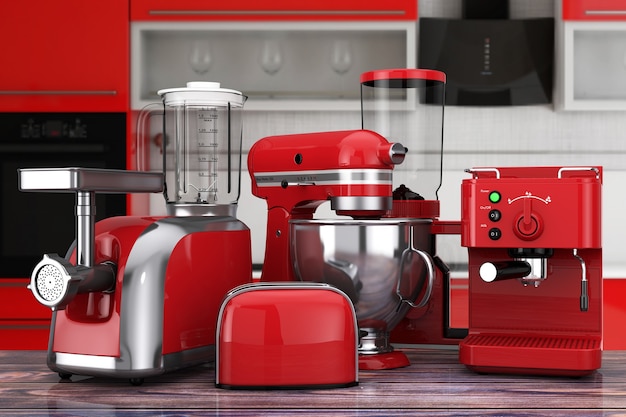 Photo kitchen appliances set. red blender, toaster, coffee machine, meat ginder, food mixer and coffee grinder on a wooden table. 3d rendering