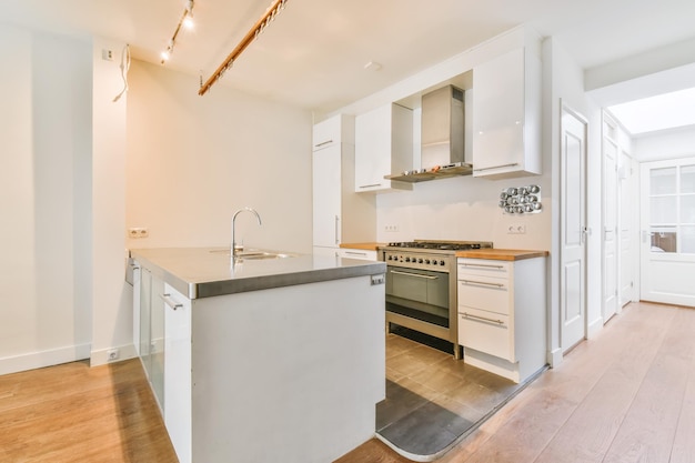 Kitchen area with metal countertop