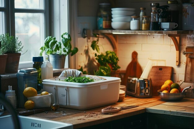 A kitchen arrangement featuring a food box atop refillable products emphasizing easy composting methods and repairing items as a way to reduce environmental impact