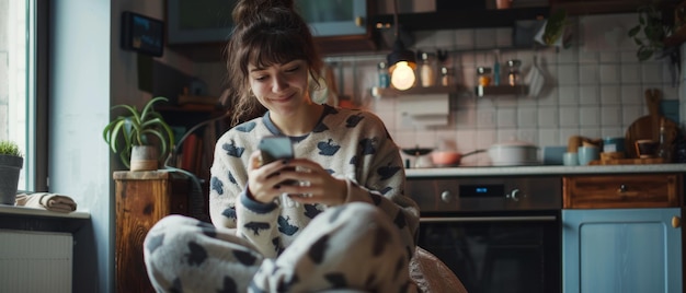 Photo in a kitchen an attractive female uses her smartphone and drinks freshly brewed coffee while sitting on a cupboard a young woman in pyjamas smiles when she receives a text message