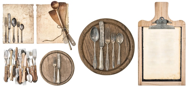 Tavola da cucina, carta da cucina invecchiata e posate vintage isolate su sfondo bianco. set di utensili da cucina. concetto di cibo