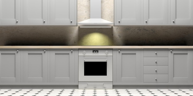 Kitchen cabinets and eletric oven on ceramic tiles floor front view 3d illustration