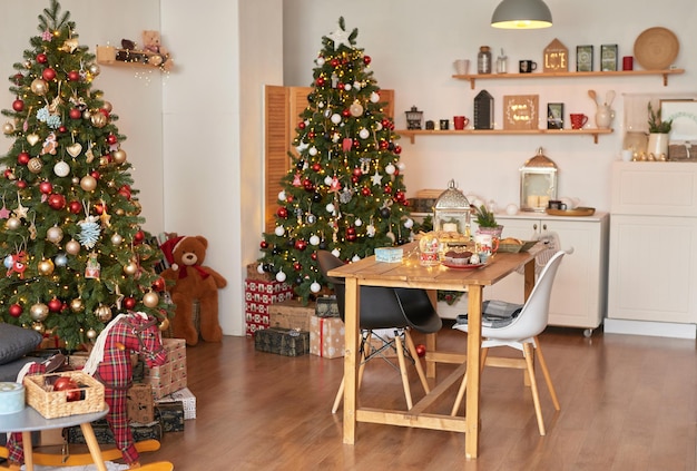 Kitchen christmas decor furniture and utensils christmas treat new year celebration winter holidays and vacations festive table