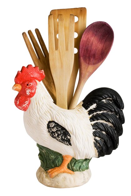 Photo kitchen cockerel with wooden spoon and fork