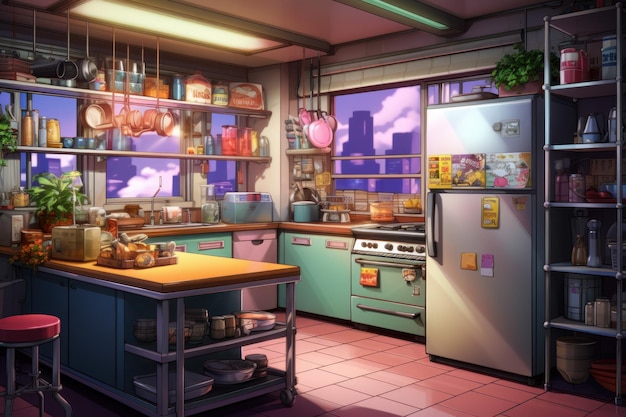 Kitchen colorful anime visual novel game Decor design Generate Ai