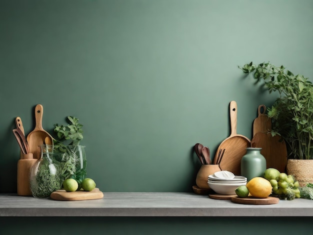 Photo kitchen counter and accessories decor in kitchen room interior on empty green wall background