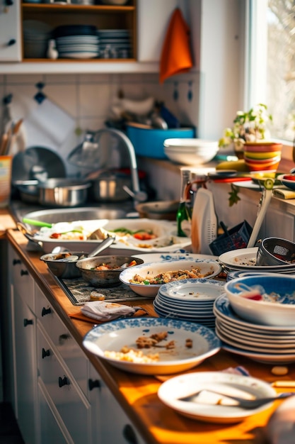 Kitchen Counter Filled With Plates and Bowls