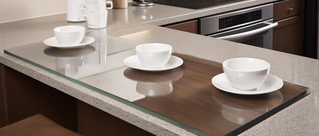 kitchen counter top with lazy susan of glass coffee mugs