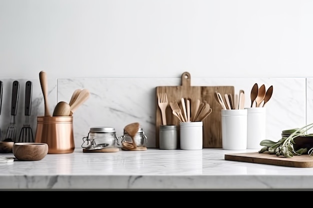 Kitchen counter with assorted cooking utensils and a wooden cutting board Generative AI