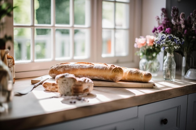 A kitchen counter with a baguette and two breads on it.